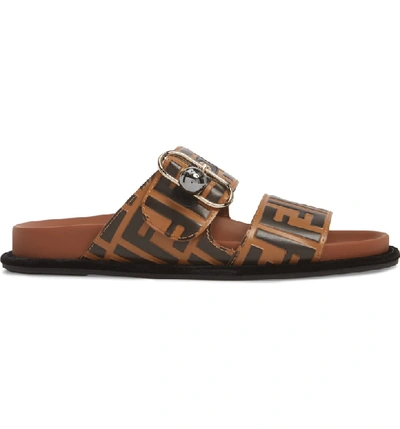 Shop Fendi Pearland Logo Slide Sandal In Brown