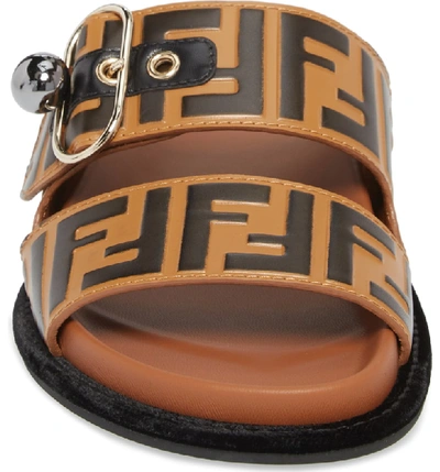 Shop Fendi Pearland Logo Slide Sandal In Brown