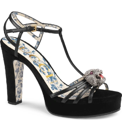 Shop Gucci Crystal Tiger T-strap Sandal In Black