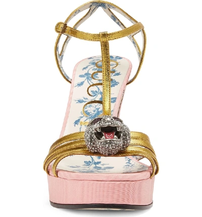 Shop Gucci Crystal Tiger T-strap Sandal In Pink/ Gold