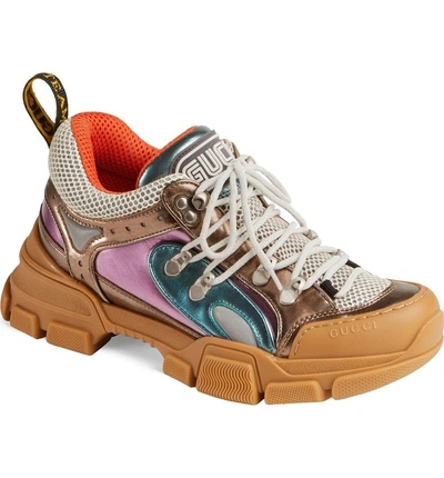 Shop Gucci Flashtrek Lace-up Sneaker In Brown/ Blue/ Pink