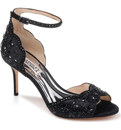 Shop Badgley Mischka Crystal Embellished Sandal In Black Satin