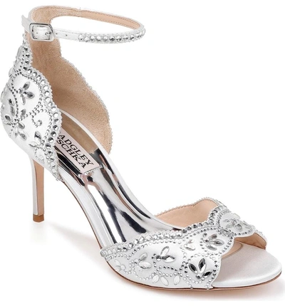 Shop Badgley Mischka Crystal Embellished Sandal In Soft White Satin