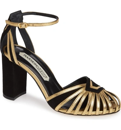 Shop Marskinryyppy Winny Ankle Strap Pump In Gold Leather Black Suede