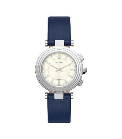 Shop Tory Burch Classic T Hybrid Smartwatch, Stainless Steel/cream 36 X 46 Mm In Silver/navy
