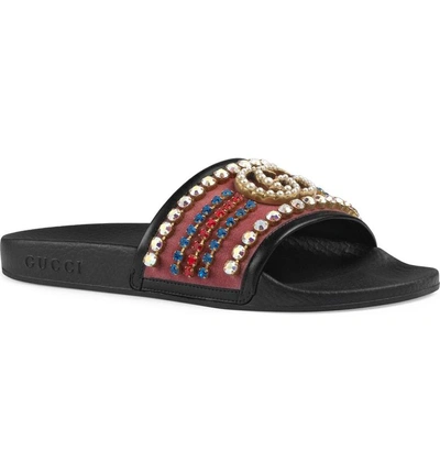 Shop Gucci Pursuit Crystal Slide Sandal In Tibet Red/ Black