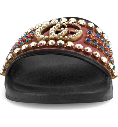 Shop Gucci Pursuit Crystal Slide Sandal In Tibet Red/ Black