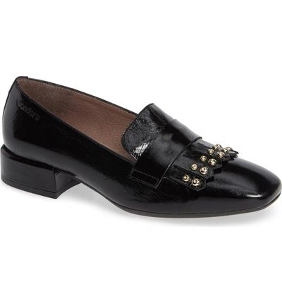 Shop Wonders Low Heel Fringe Loafer In Black High Gloss Leather