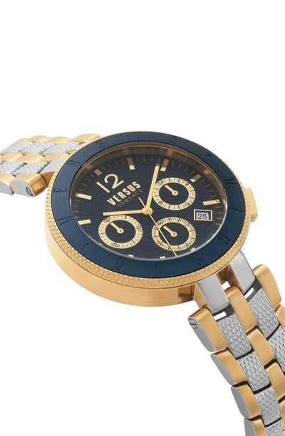 Shop Versace Logo Chronograph Bracelet Watch, 44mm In Gold/ Silver/ Blue
