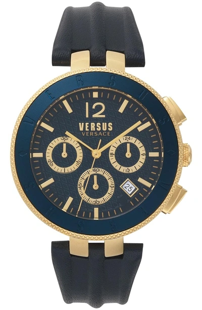 Shop Versace Logo Chronograph Leather Strap Watch, 44mm In Blue/ Gold