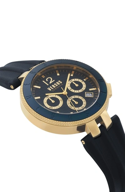 Shop Versace Logo Chronograph Leather Strap Watch, 44mm In Blue/ Gold