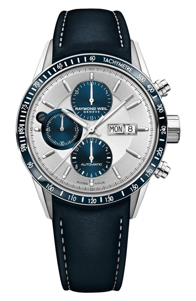 Shop Raymond Weil Freelancer Chronograph Automatic Leather Strap Watch, 42mm In Blue/ Silver