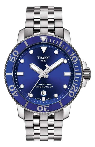 Shop Tissot Seastar 1000 Powermatic 80 Bracelet Watch, 43mm In Silver/ Blue/ Silver