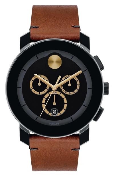 Shop Movado Bold Chrono Leather Strap Watch, 43mm In Cognac/ Black/ Black