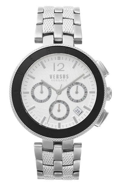 Shop Versace Logo Chronograph Bracelet Watch, 44mm In Silver/ White/ Black