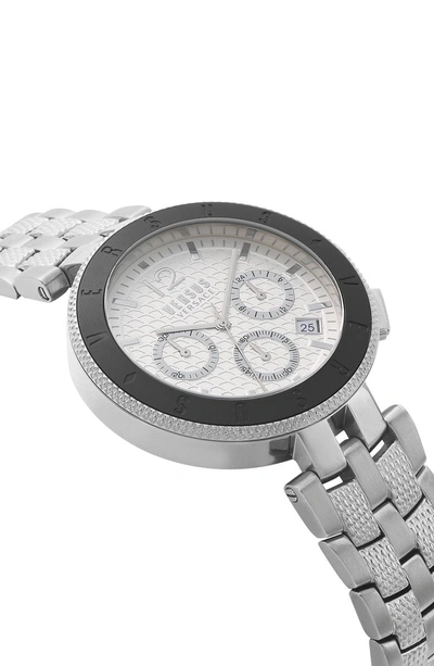 Shop Versace Logo Chronograph Bracelet Watch, 44mm In Silver/ White/ Black