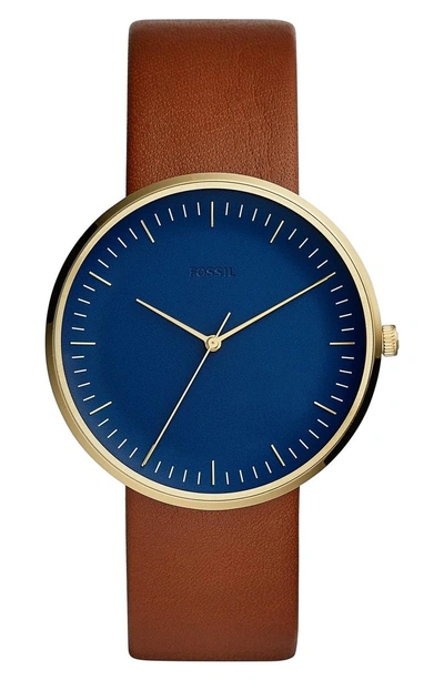 Shop Fossil Essentialist Leather Strap Watch, 42mm In Brown/ Blue/ Gold