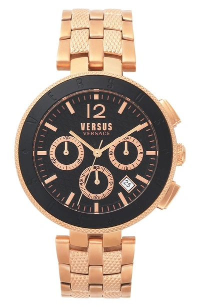 Shop Versace Logo Chronograph Bracelet Watch, 44mm In Rose Gold/ Black