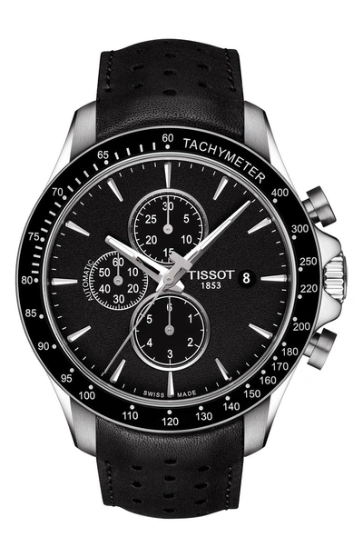 Shop Tissot V8 Automatic Chronograph Leather Strap Watch, 45mm In Black/ Silver