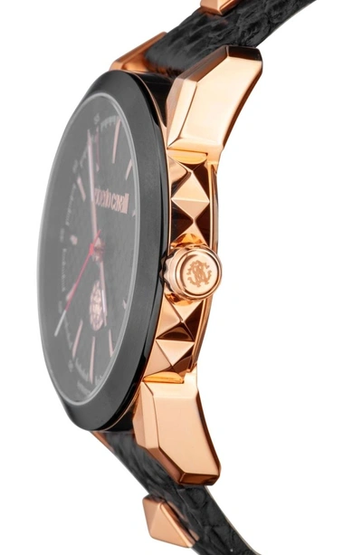 Shop Roberto Cavalli By Franck Muller Costellato Leather Strap Watch In Black/ Rose Gold/ Black