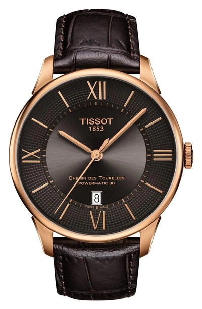 Shop Tissot Chemin Des Tourelles Powermatic 80 Watch, 42mm In Brown/ Gunmetal/ Rose Gold