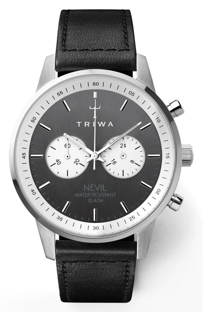 Shop Triwa Slate Nevil Leather Strap Watch, 42mm In Black/ Grey/ Silver