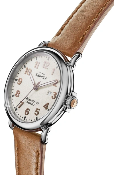 Shop Shinola The Runwell - Statue Of Liberty Leather Strap Watch, 41mm In Brown/ Grey/ Silver