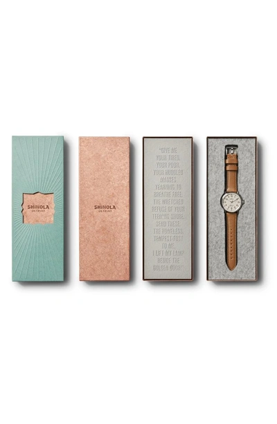 Shop Shinola The Runwell - Statue Of Liberty Leather Strap Watch, 41mm In Brown/ Grey/ Silver
