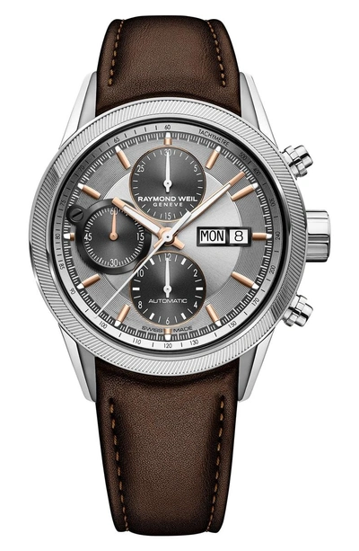 Shop Raymond Weil Freelancer Chronograph Automatic Leather Strap Watch, 42mm In Brown/ Silver