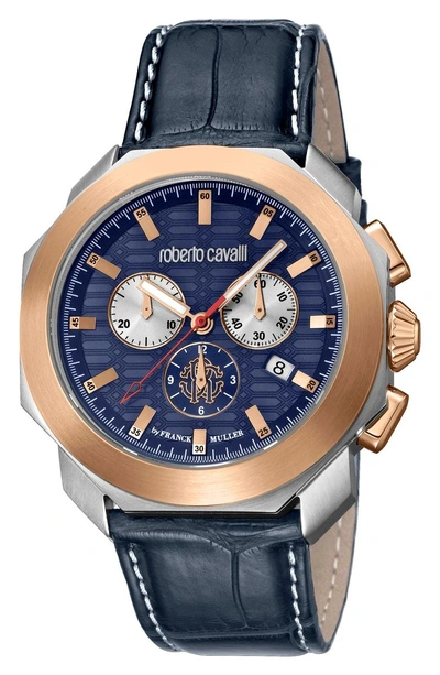 Shop Roberto Cavalli By Franck Muller Sport Chronograph Leather Strap Watch In Blue/ Silver/ Blue
