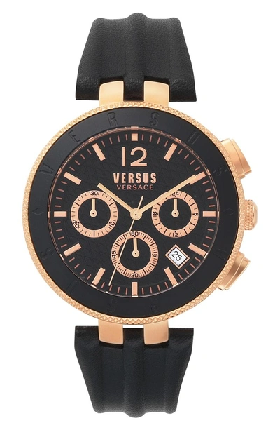 Shop Versace Logo Chronograph Leather Strap Watch, 44mm In Black/ Rose Gold