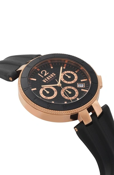 Shop Versace Logo Chronograph Leather Strap Watch, 44mm In Black/ Rose Gold