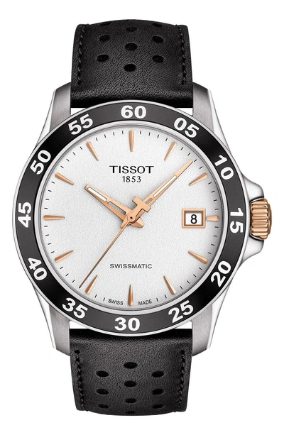 Shop Tissot V8 Swissmatic Perforated Leather Strap Watch, 42mm In Black/ Silver/ Rose Gold