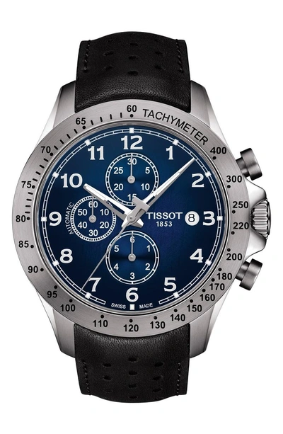 Shop Tissot V8 Automatic Chronograph Leather Strap Watch, 45mm In Black/ Blue/ Silver