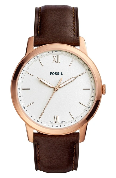 Shop Fossil Minimalist Leather Strap Watch, 44mm In Brown/ White/ Rose Gold
