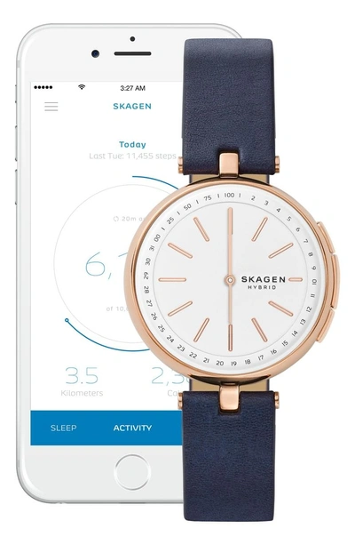 Shop Skagen Signatur Connected T-bar Leather Strap Hybrid Smart Watch, 36mm In Blue/ Rose Gold