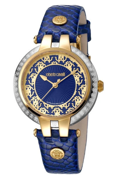 Shop Roberto Cavalli By Franck Muller Pizzo Leather Strap Watch In Blue/ Silver/ Blue