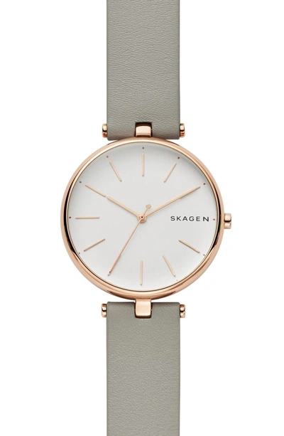 Shop Skagen Signatur Leather Strap Watch, 36mm In Gray/ Silver/ Rose Gold