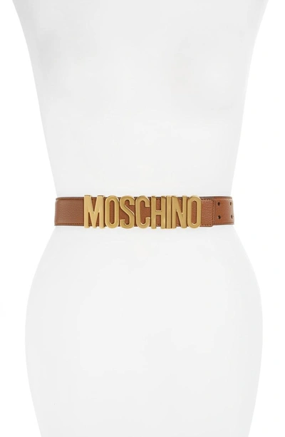 Shop Moschino Logo Leather Belt In Brown With Gold