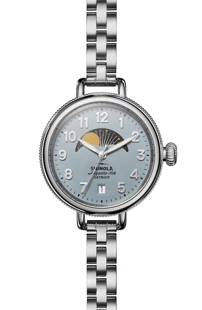 Shop Shinola 'the Birdy' Moon Phase Bracelet Watch, 34mm In Silver/ Slate Blue/ Silver