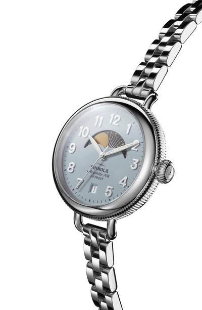 Shop Shinola 'the Birdy' Moon Phase Bracelet Watch, 34mm In Silver/ Slate Blue/ Silver