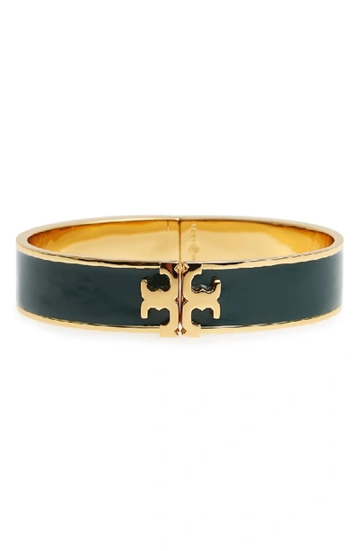 Shop Tory Burch Raised Logo Enamel Hinge Bracelet In Banyan Green / Tory Gold