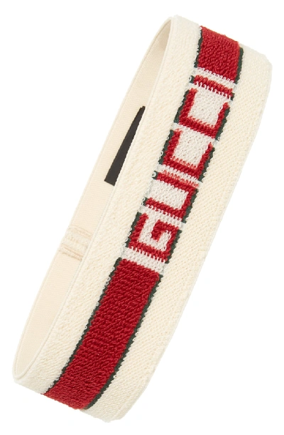 Shop Gucci Logo Stripe Headband In Ivory/ Dark Green