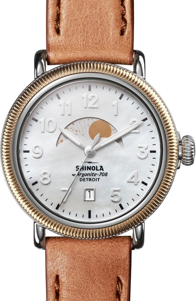 Shop Shinola The Runwell Moon Phase Leather Strap Watch, 38mm In Bourbon/ White Mop/ Gold