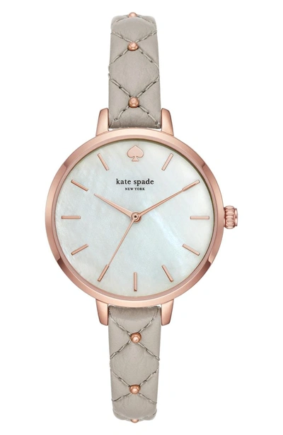 Shop Kate Spade Metro Leather Strap Watch, 34mm In Grey/ Mop/ Rose Gold