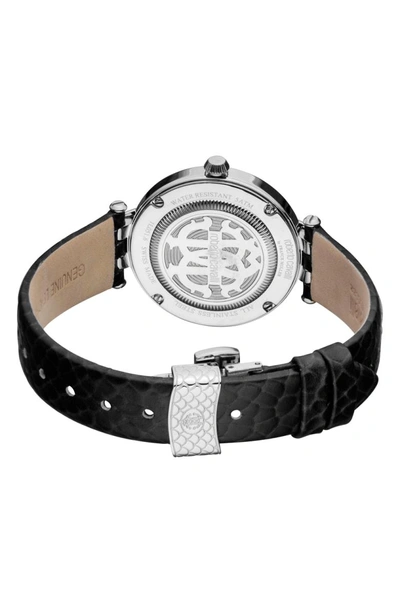 Shop Roberto Cavalli By Franck Muller Pizzo Leather Strap Watch In Black/ Silver/ Black