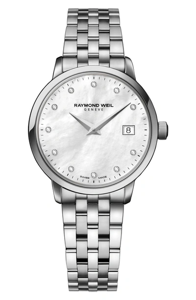 Shop Raymond Weil Toccata Diamond Bracelet Watch, 29mm In Silver/ Mop/ Silver