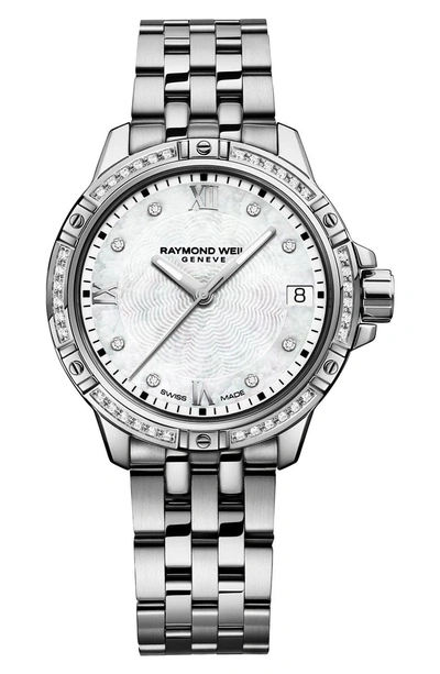 Shop Raymond Weil Tango Diamond Bracelet Watch, 30mm In Silver/ Mop/ Silver