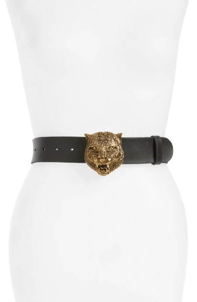 Shop Gucci Tiger Buckle Leather Belt In Black