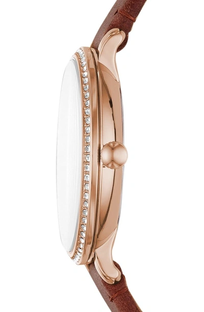 Shop Fossil Jacqueline Crystal Bezel Leather Strap Watch, 36mm In Brown/ Silver/ Rose Gold